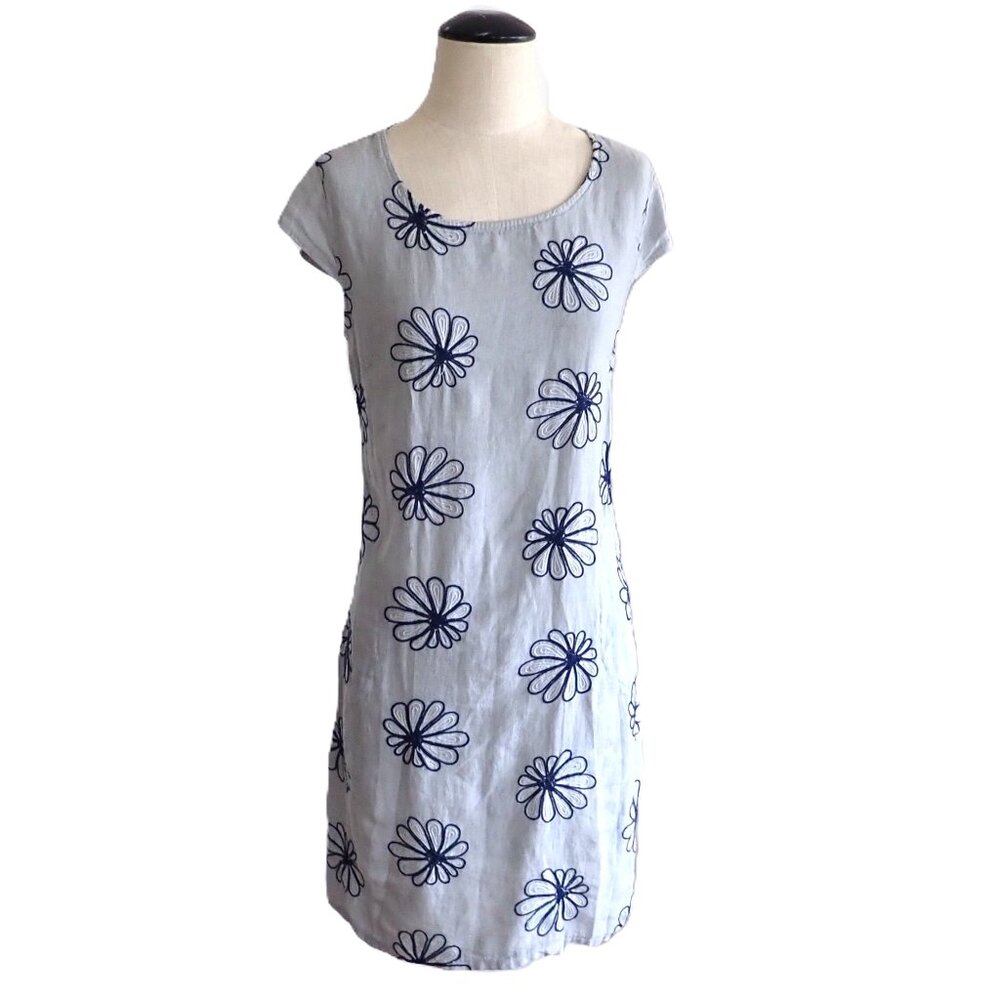 VTG Puro Lino Embroidered Italian Cotton Linen Dress in Light Blue Size S